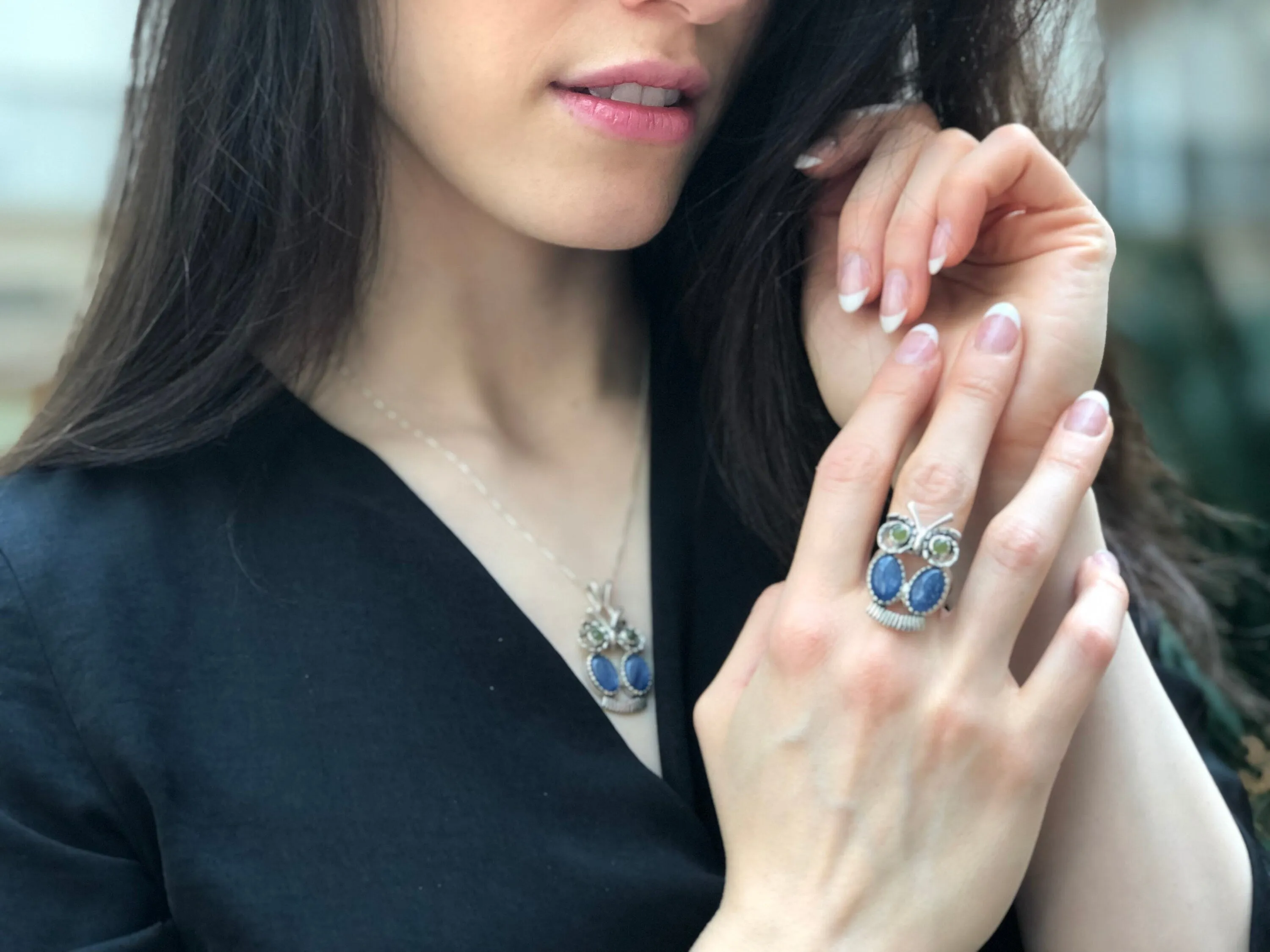 Kyanite Ring - Blue Owl Ring - Large Owl Ring