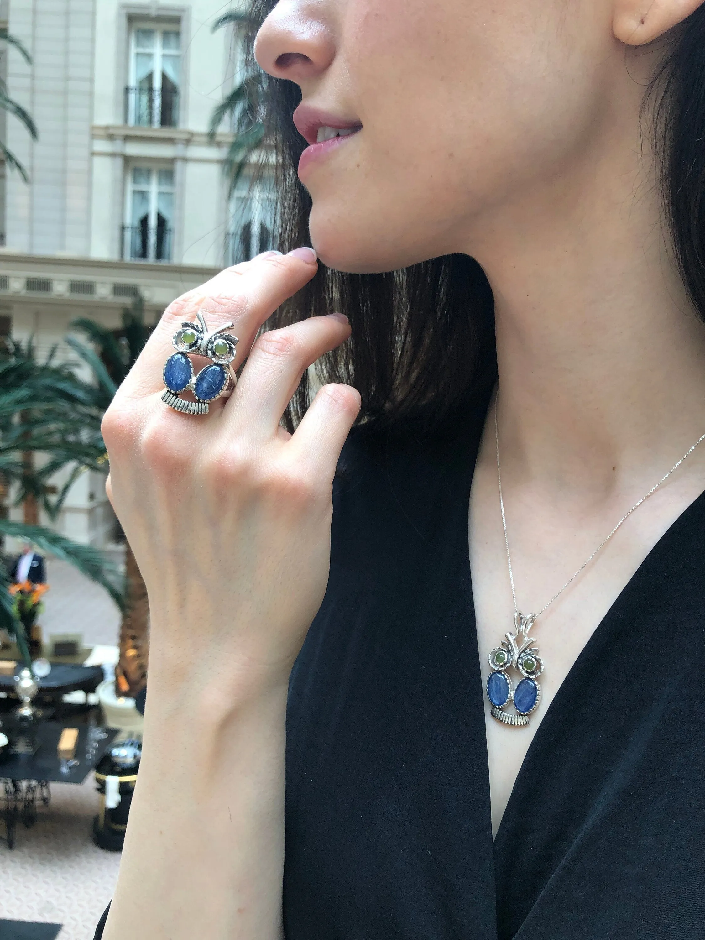Kyanite Ring - Blue Owl Ring - Large Owl Ring