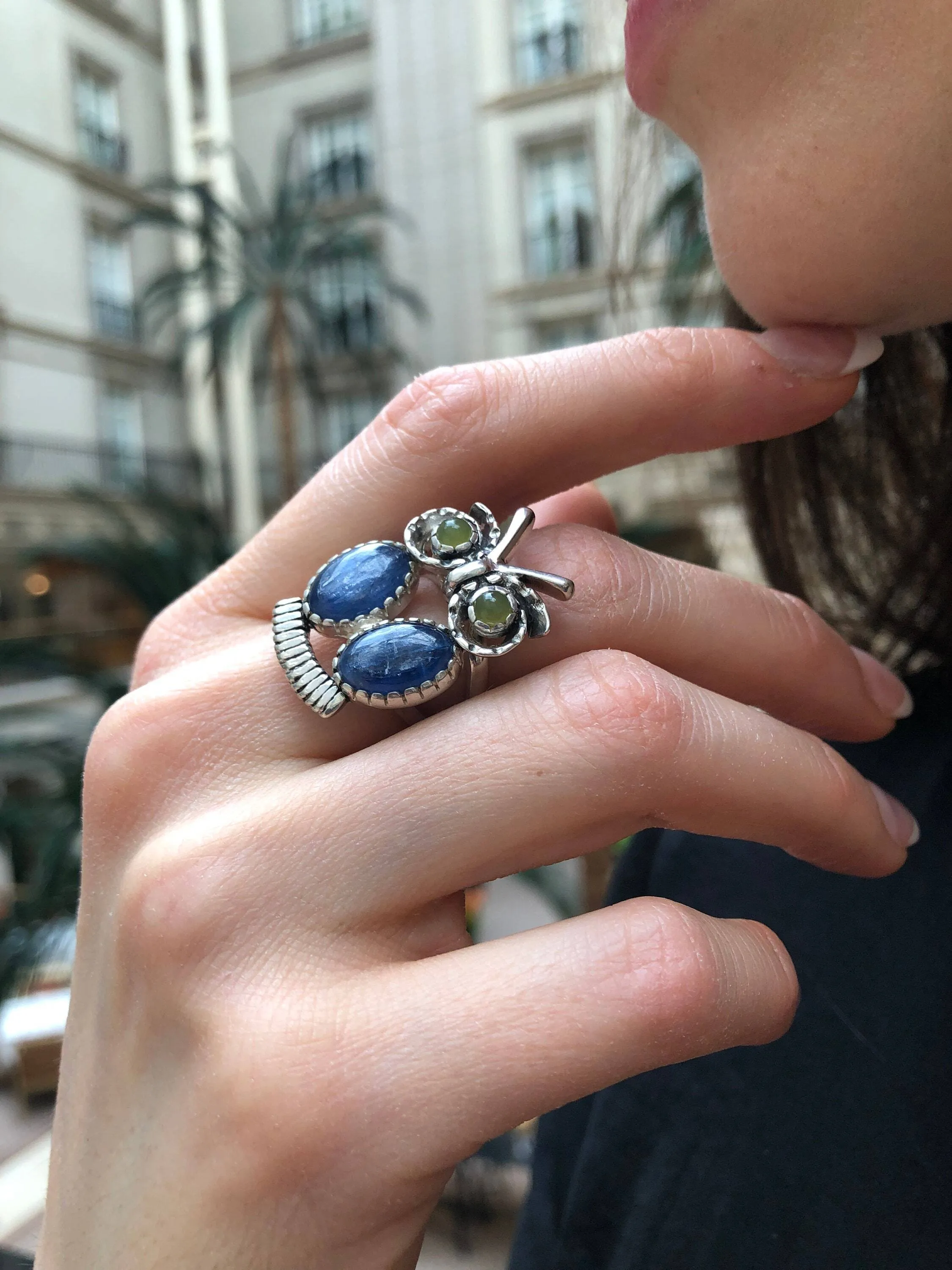 Kyanite Ring - Blue Owl Ring - Large Owl Ring