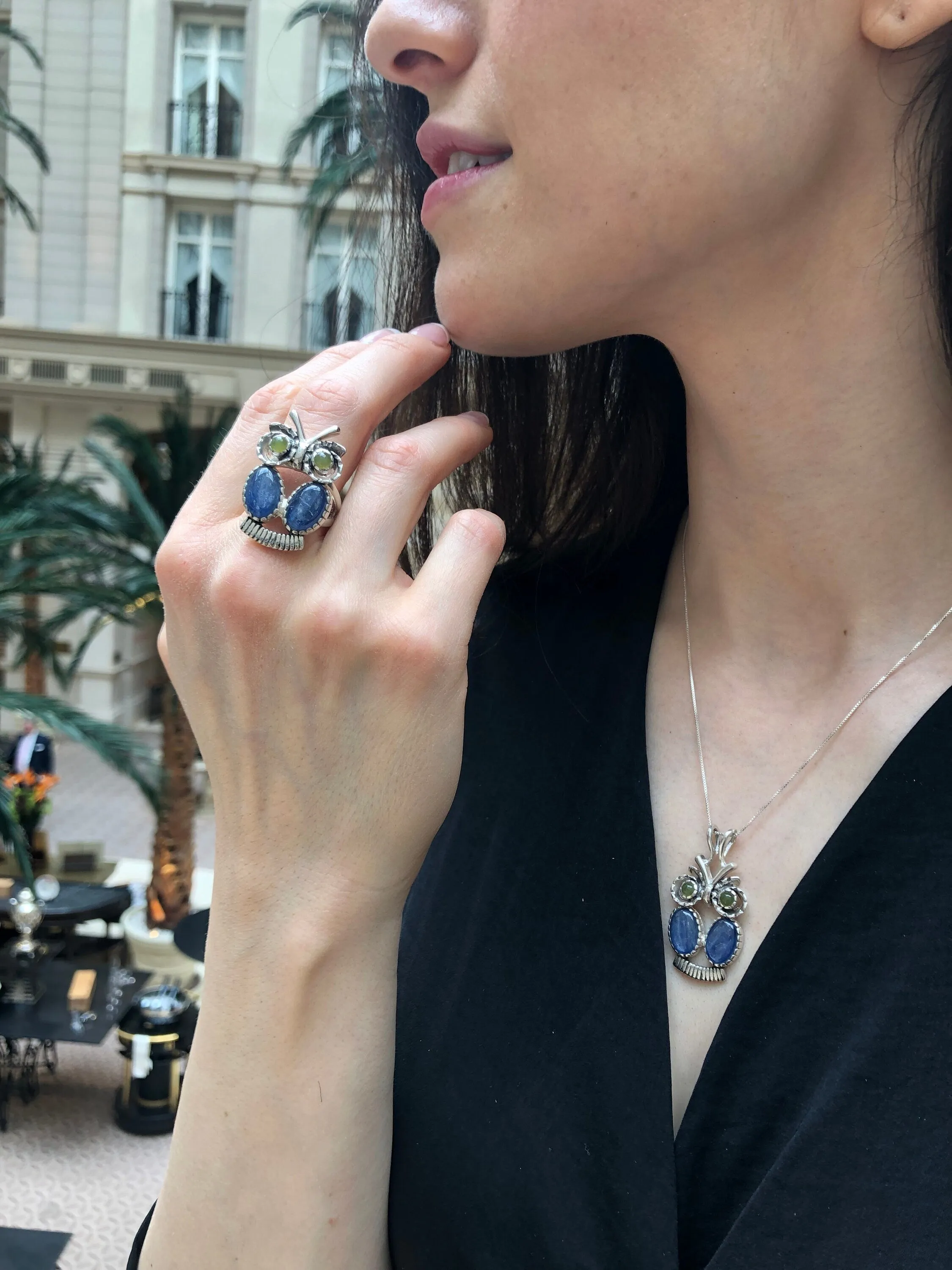 Kyanite Ring - Blue Owl Ring - Large Owl Ring
