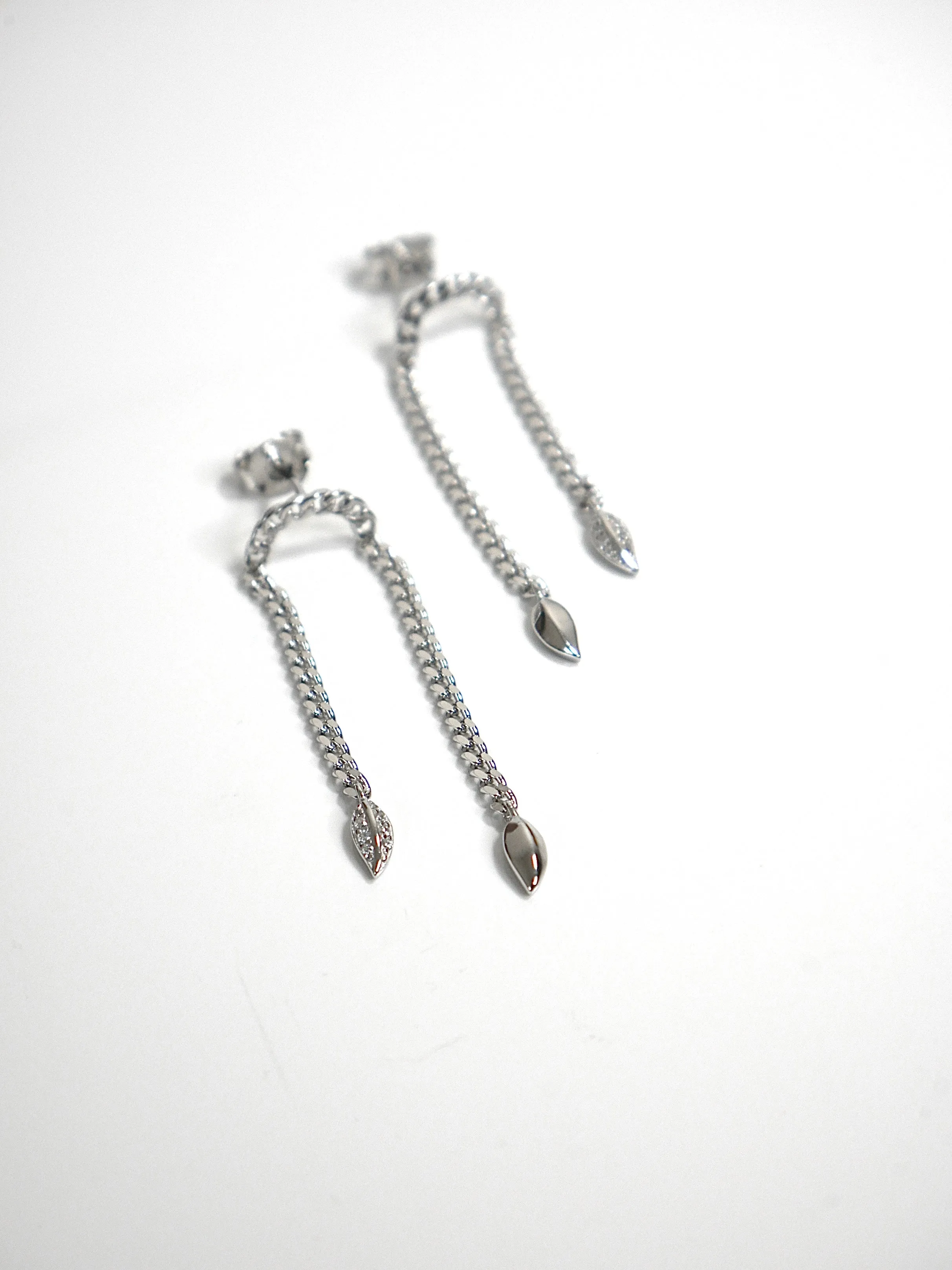Leaf Earrings, .925 Sterling Silver Arch Dangle Zircom Luxury Statement Earrings