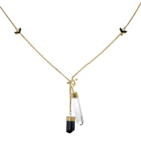 LONG CRYSTAL NECKLACE WITH CHEVRON DETAIL - QUARTZ & BLACK TOURMALINE - GOLD