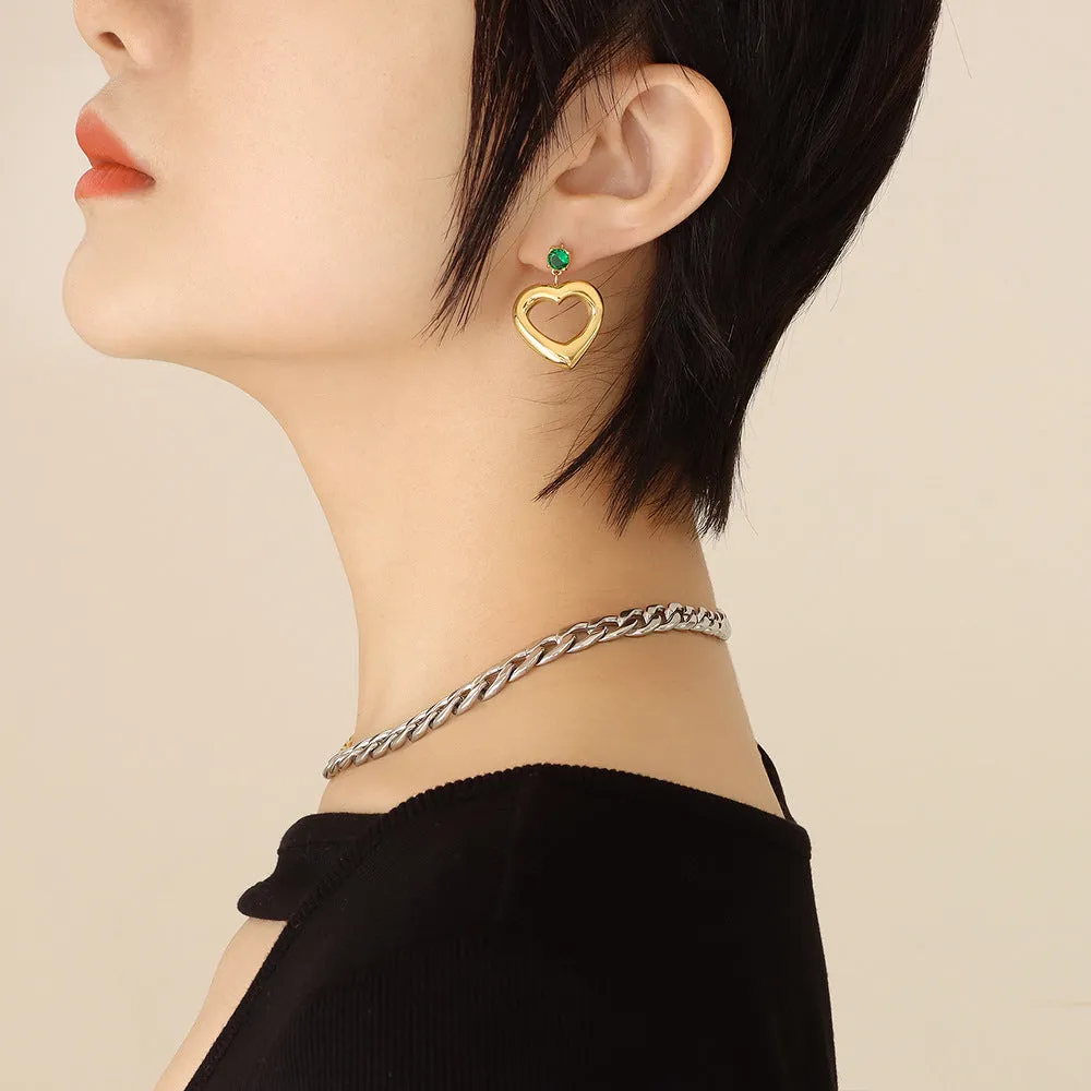 Luxurious Gold-Plated Zircon Heart Earrings with Geometric Design