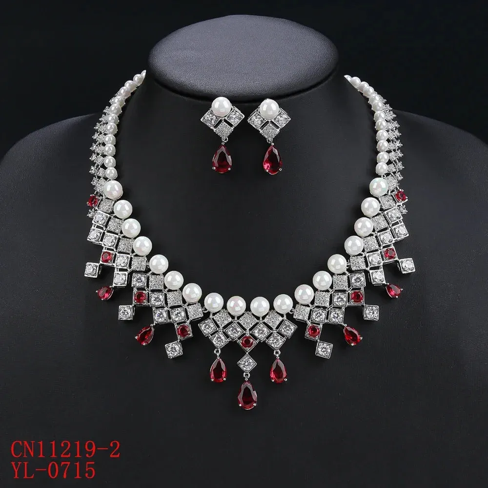 Luxury 2Pcs White ,Red, Blue Necklace Earrings Set Pearl Cubic Zircon Women Wedding Party Jewelry Set CN11219