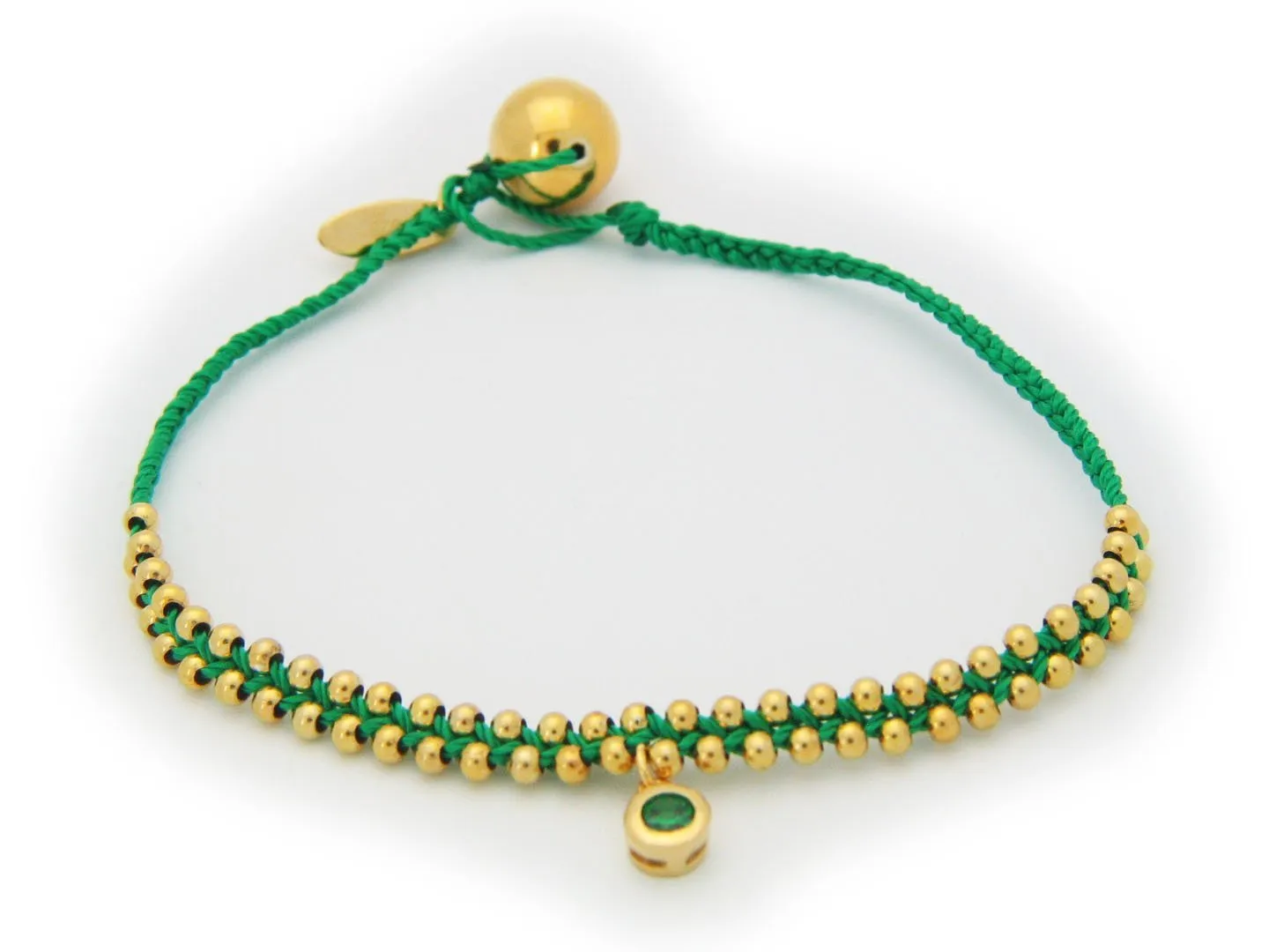 May Emerald (Cz) Green Cord Bracelet in Vermeil, 6"