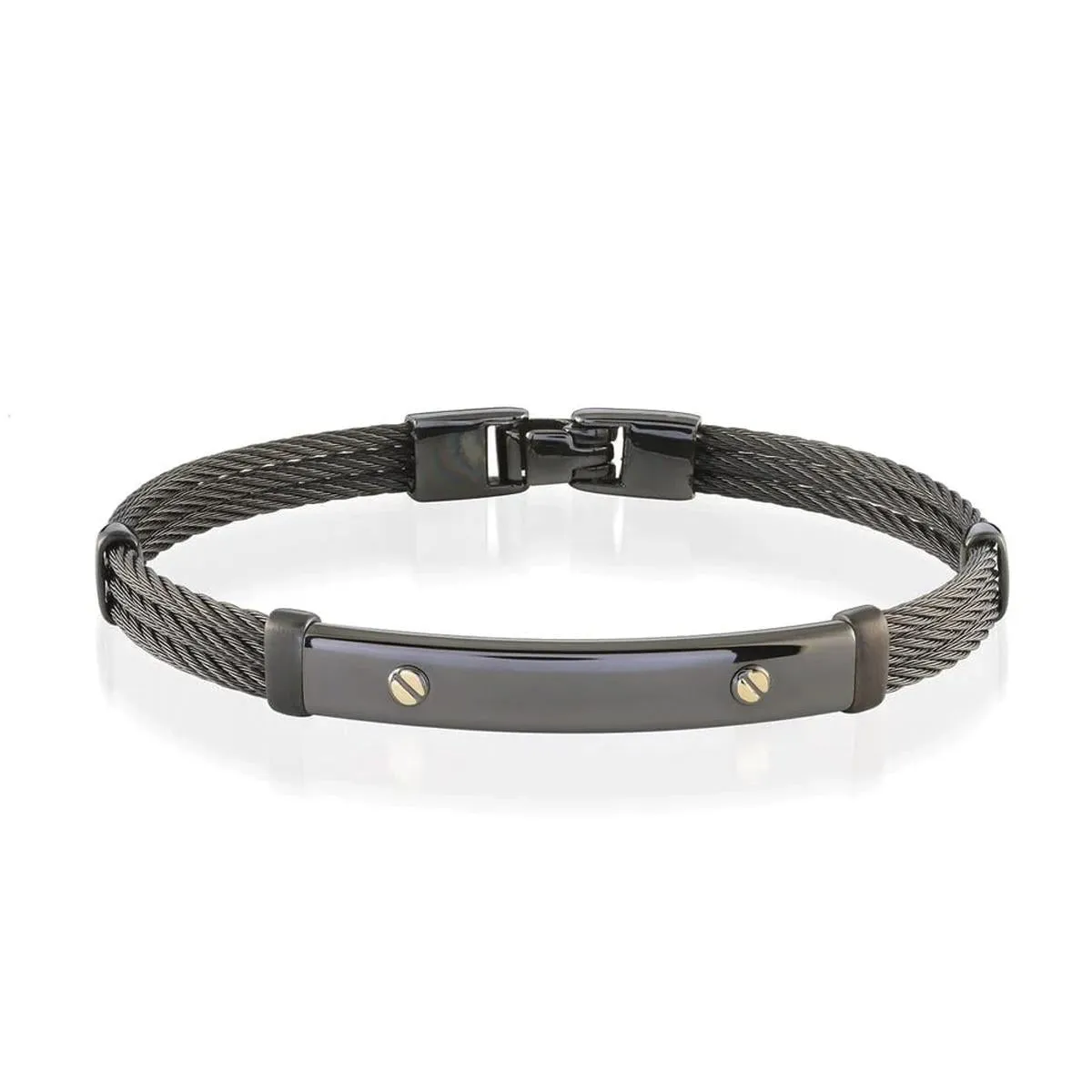 MEN'S BLACK STEEL THREE ROW CABLE BANGLE BRACELET WITH GOLD ACCENTS
