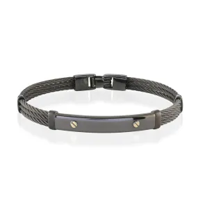 MEN'S BLACK STEEL THREE ROW CABLE BANGLE BRACELET WITH GOLD ACCENTS