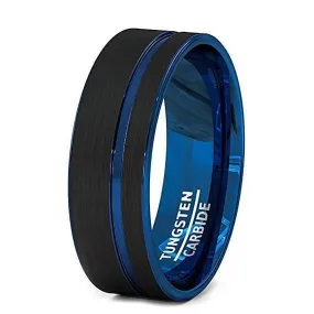 Men's Black Tungsten Wedding Band With Blue Groove and Inside - 8 mm