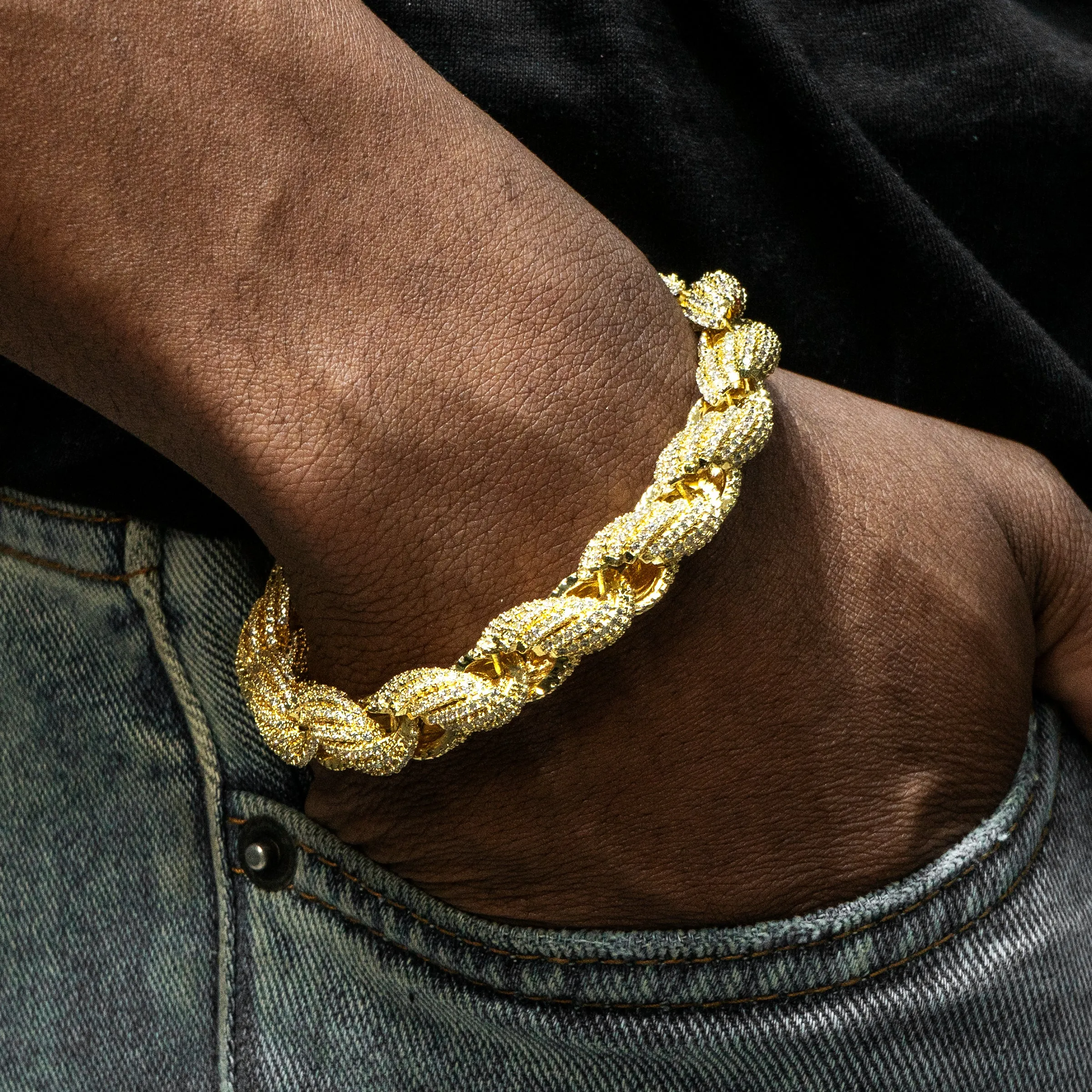Mens Gold Iced Out Solid Rope Bracelet
