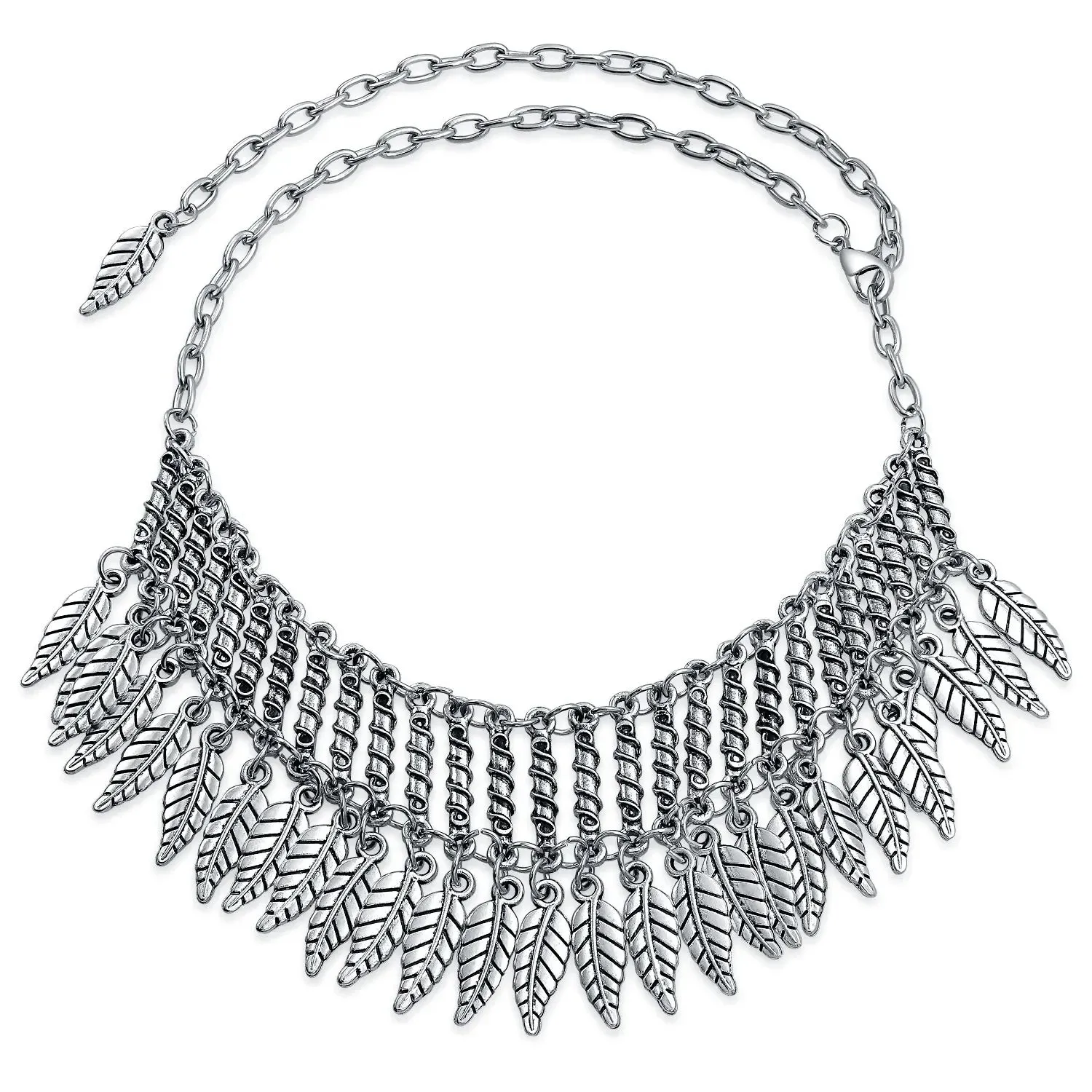 Native American Style Feather Choker Necklace in Oxidized Silver Plated Finish