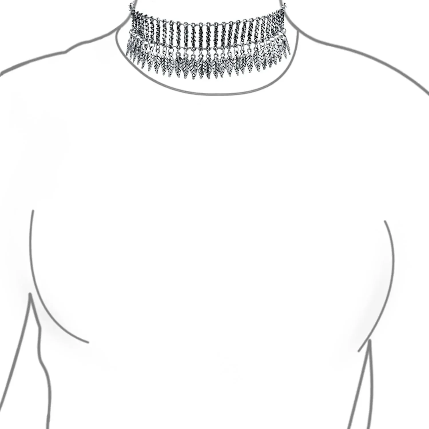 Native American Style Feather Choker Necklace in Oxidized Silver Plated Finish