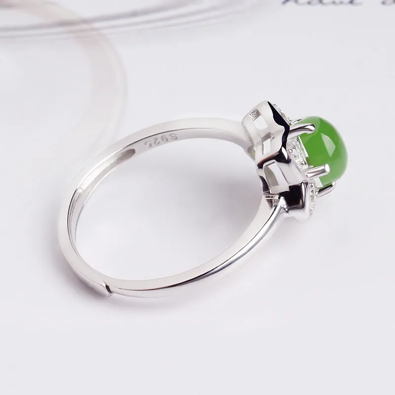 Natural Jade Ring Nephrite Silver Zircon Adjustable Ring ZNRG120