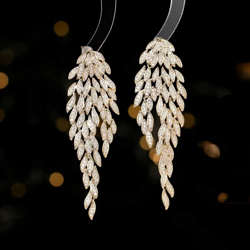 New Trendy cubic zirconia Multi-layered tassel tree leaves earrings women wendding ear jewelry party dress accessories LYJ070