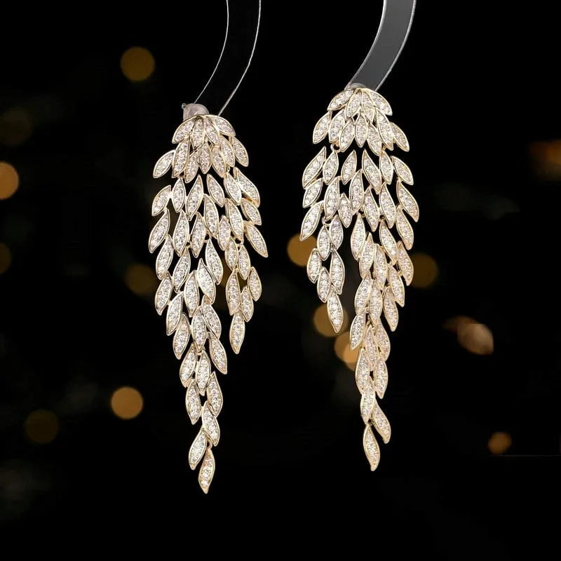 New Trendy cubic zirconia Multi-layered tassel tree leaves earrings women wendding ear jewelry party dress accessories LYJ070