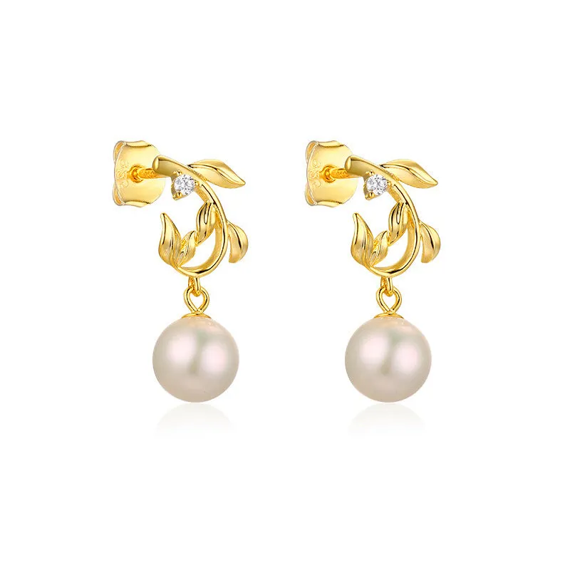Olive Branch with Natural Pearl Silver Drop Earrings for Women