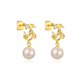 Olive Branch with Natural Pearl Silver Drop Earrings for Women