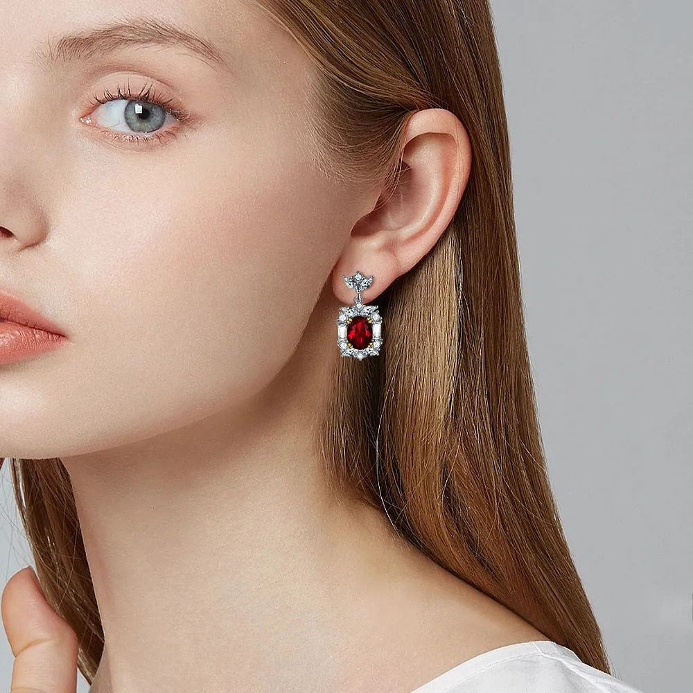Oval Red Zircon Rectangle Silver Drop Earrings for Women