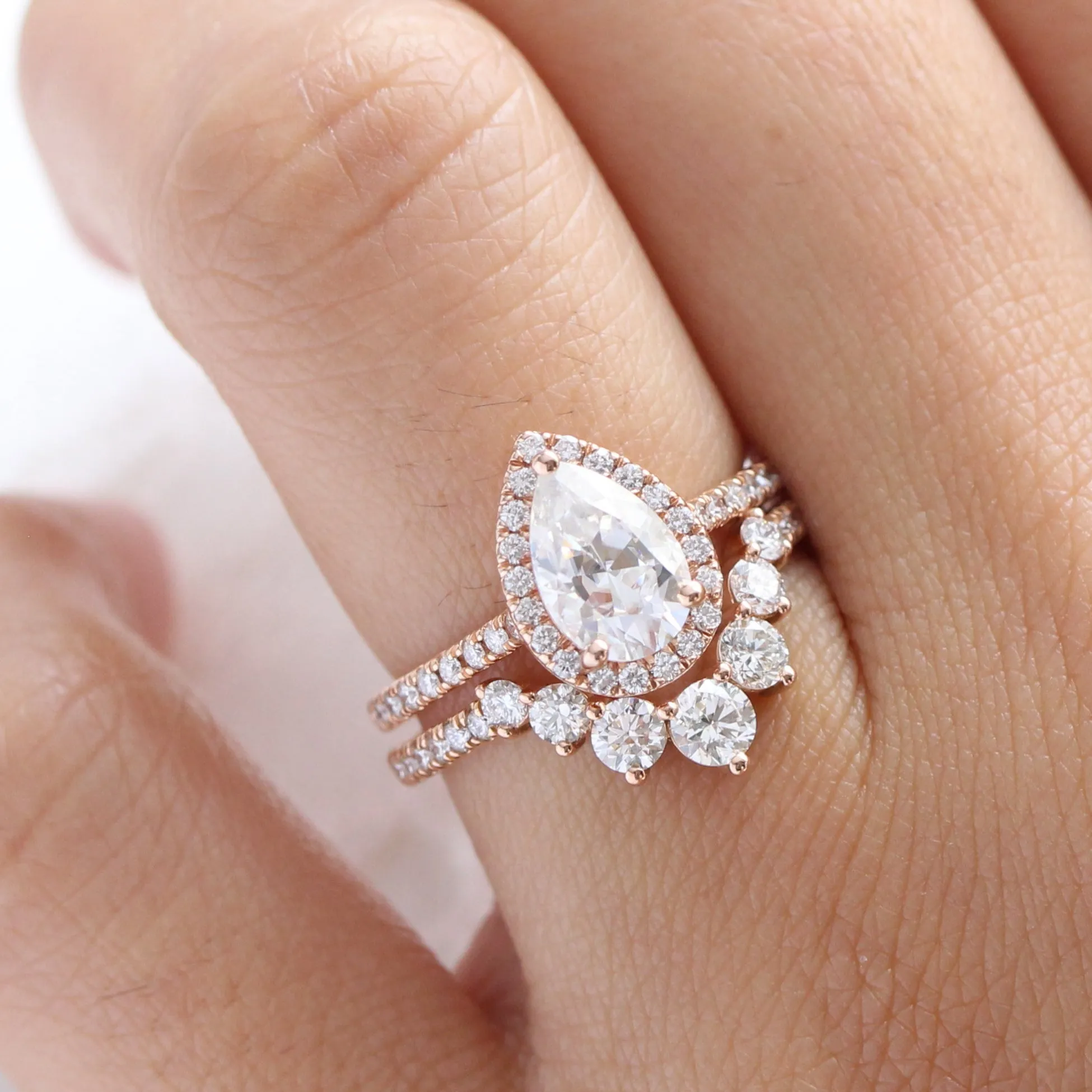 Pear Moissanite Engagement Ring in Luna Halo Diamond Pave Band