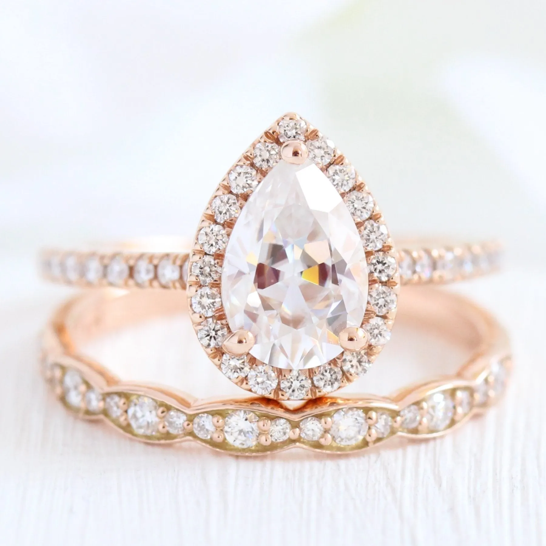 Pear Moissanite Engagement Ring in Luna Halo Diamond Pave Band