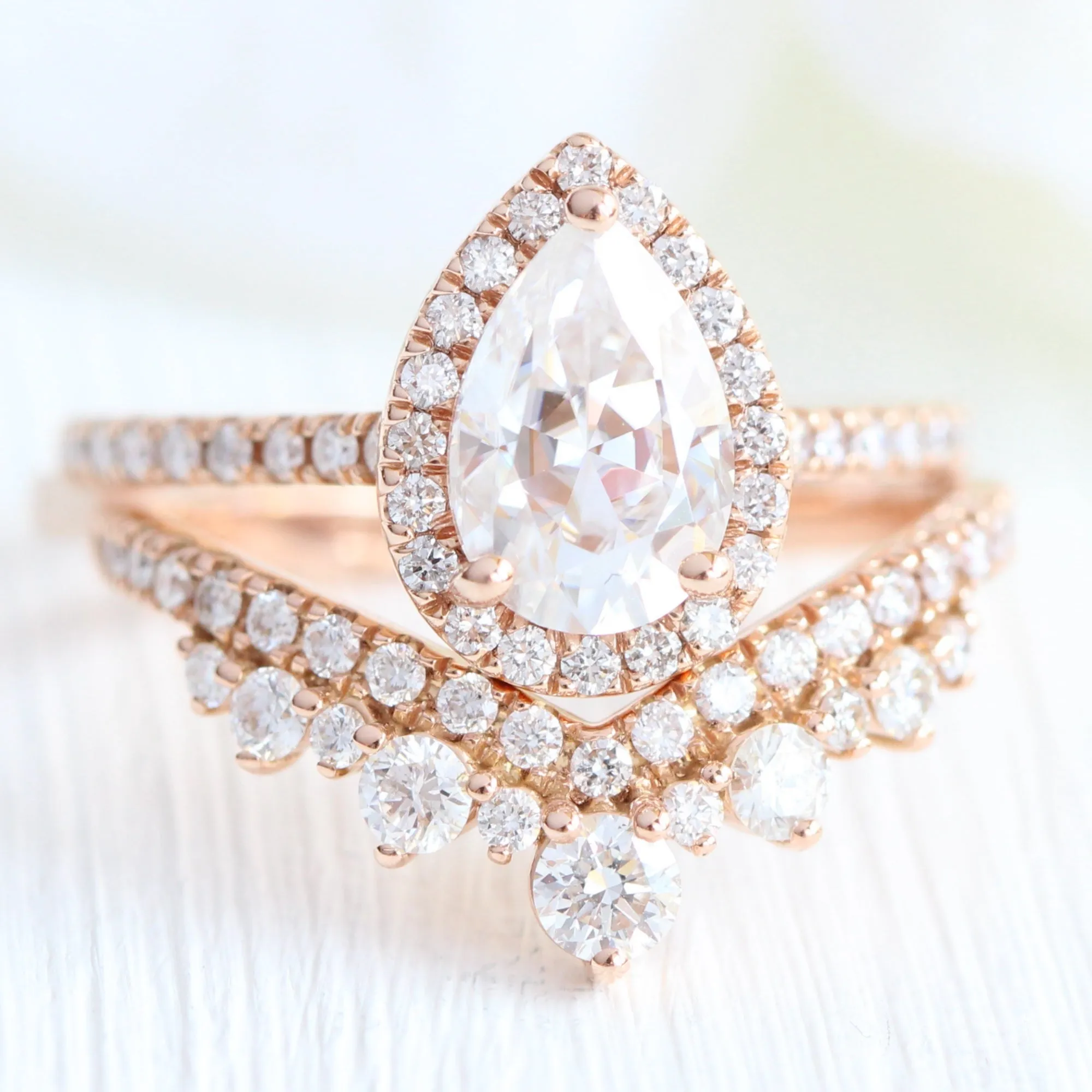 Pear Moissanite Engagement Ring in Luna Halo Diamond Pave Band