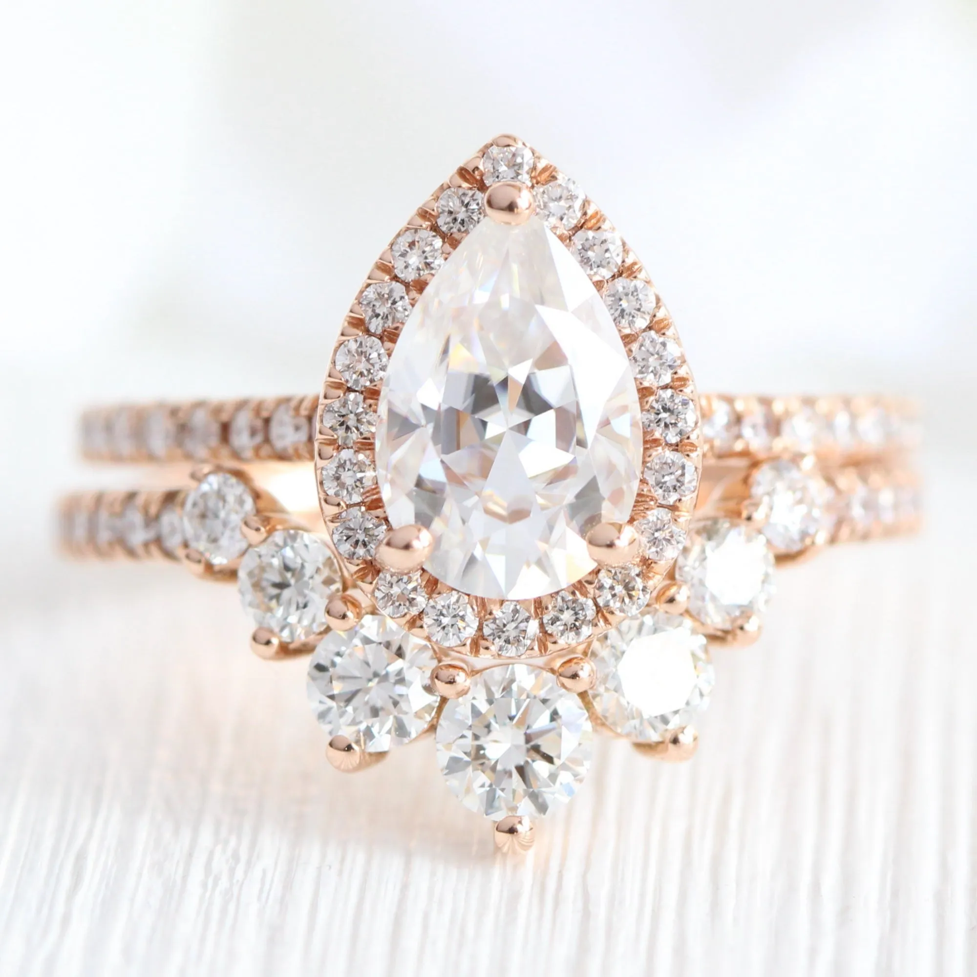 Pear Moissanite Engagement Ring in Luna Halo Diamond Pave Band