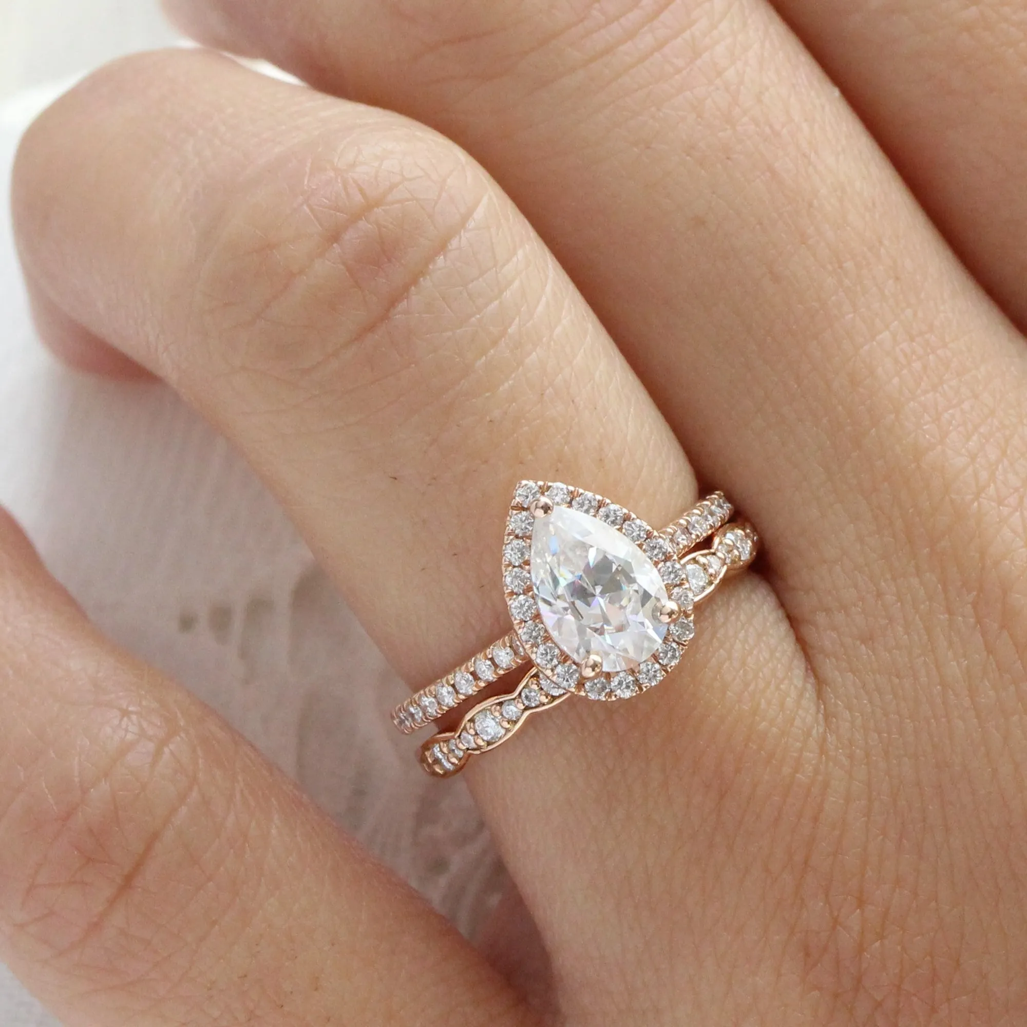 Pear Moissanite Engagement Ring in Luna Halo Diamond Pave Band