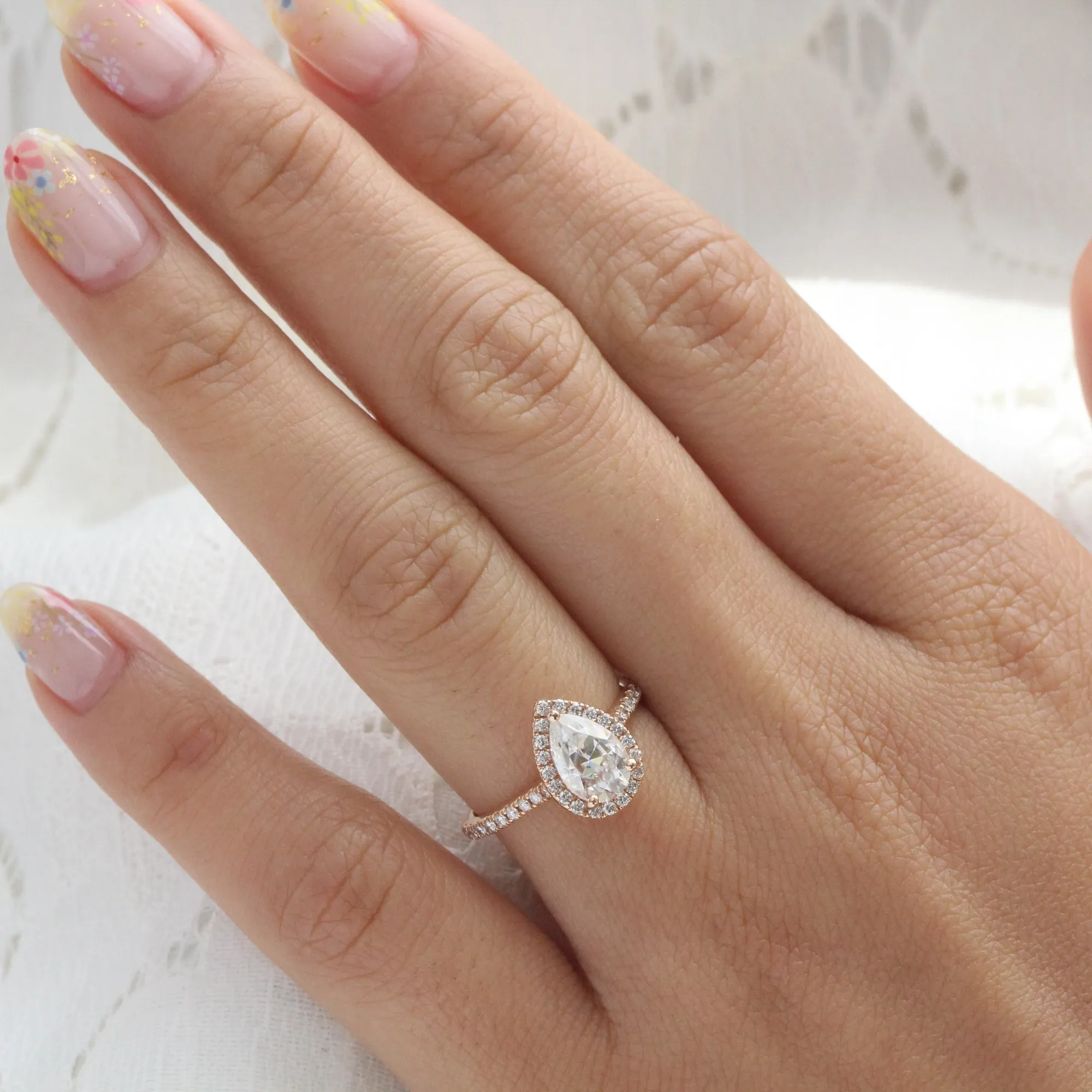 Pear Moissanite Engagement Ring in Luna Halo Diamond Pave Band