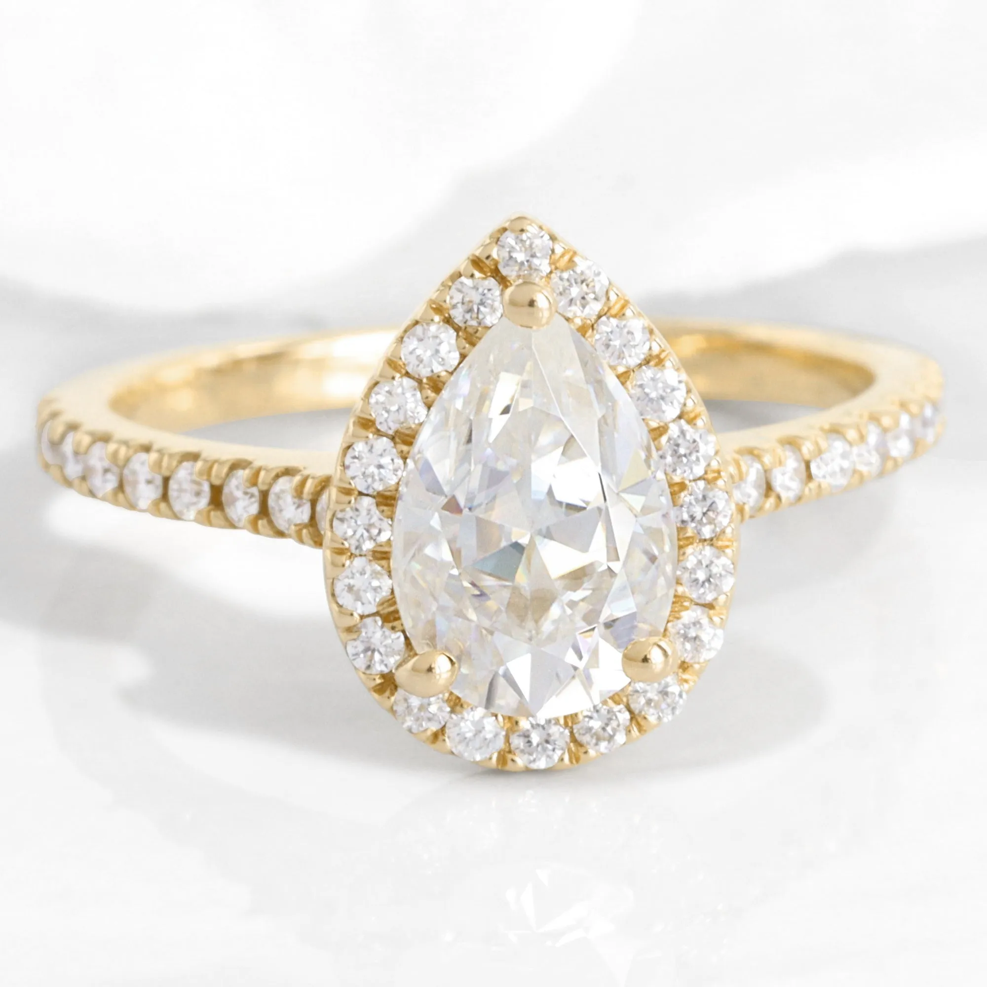 Pear Moissanite Engagement Ring in Luna Halo Diamond Pave Band