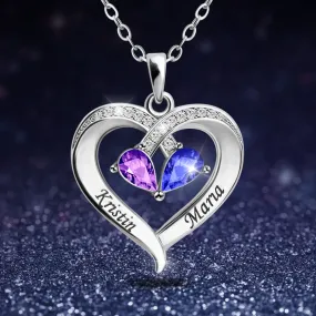 Personalized Heart Pendant Necklace with 2 Birthstones - Custom Engraved