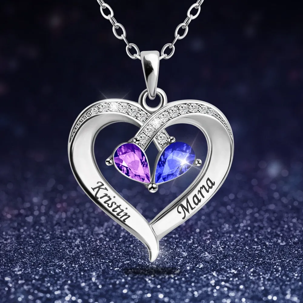 Personalized Heart Pendant Necklace with 2 Birthstones - Custom Engraved