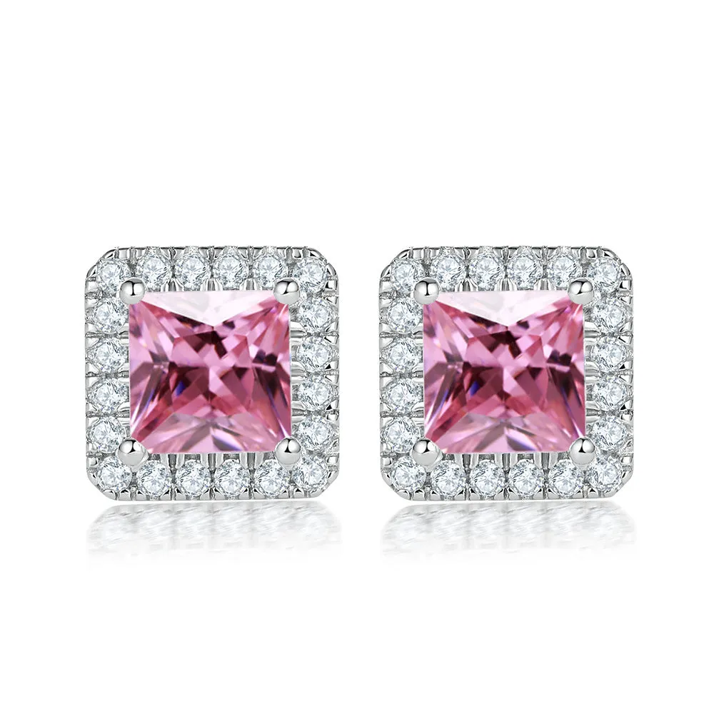 Princess Cut Zircon Soleste Halo Silver Studs Earrings for Women