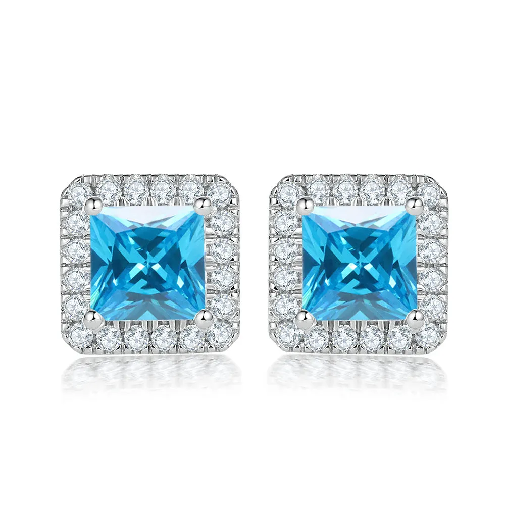 Princess Cut Zircon Soleste Halo Silver Studs Earrings for Women