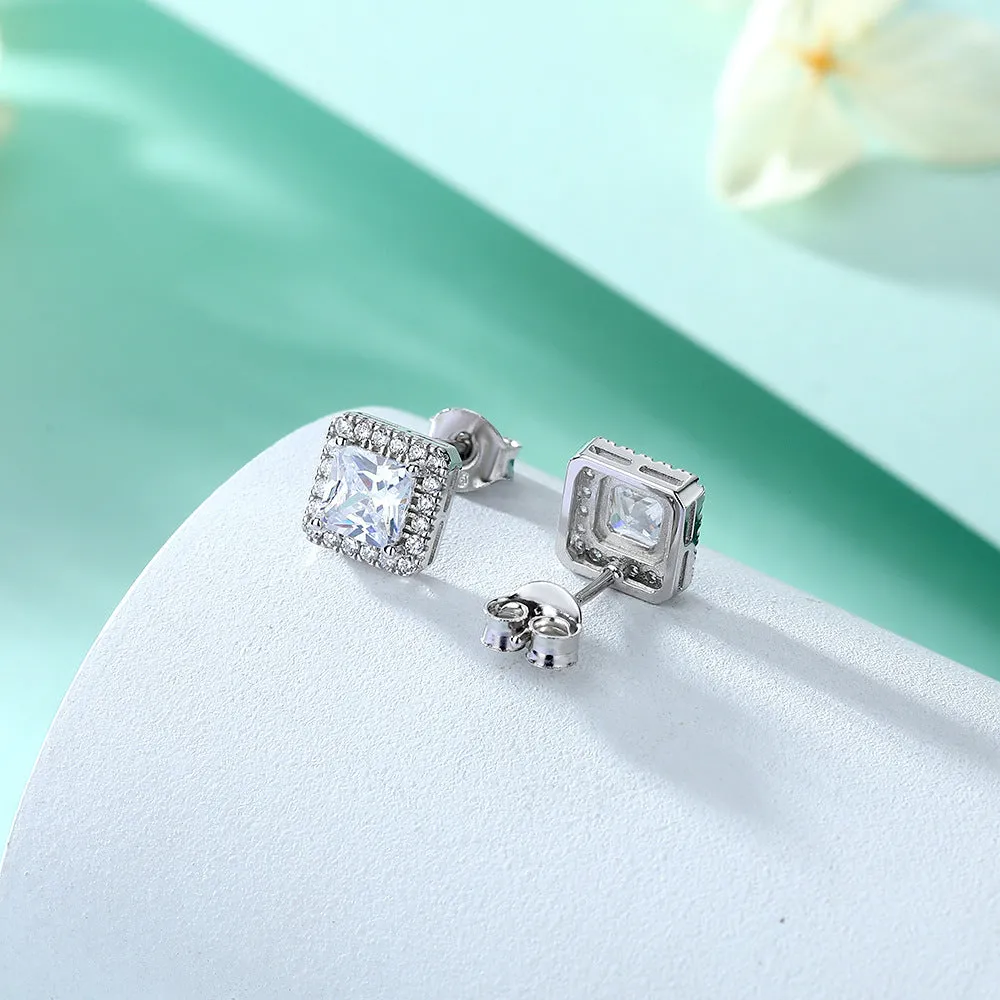 Princess Cut Zircon Soleste Halo Silver Studs Earrings for Women