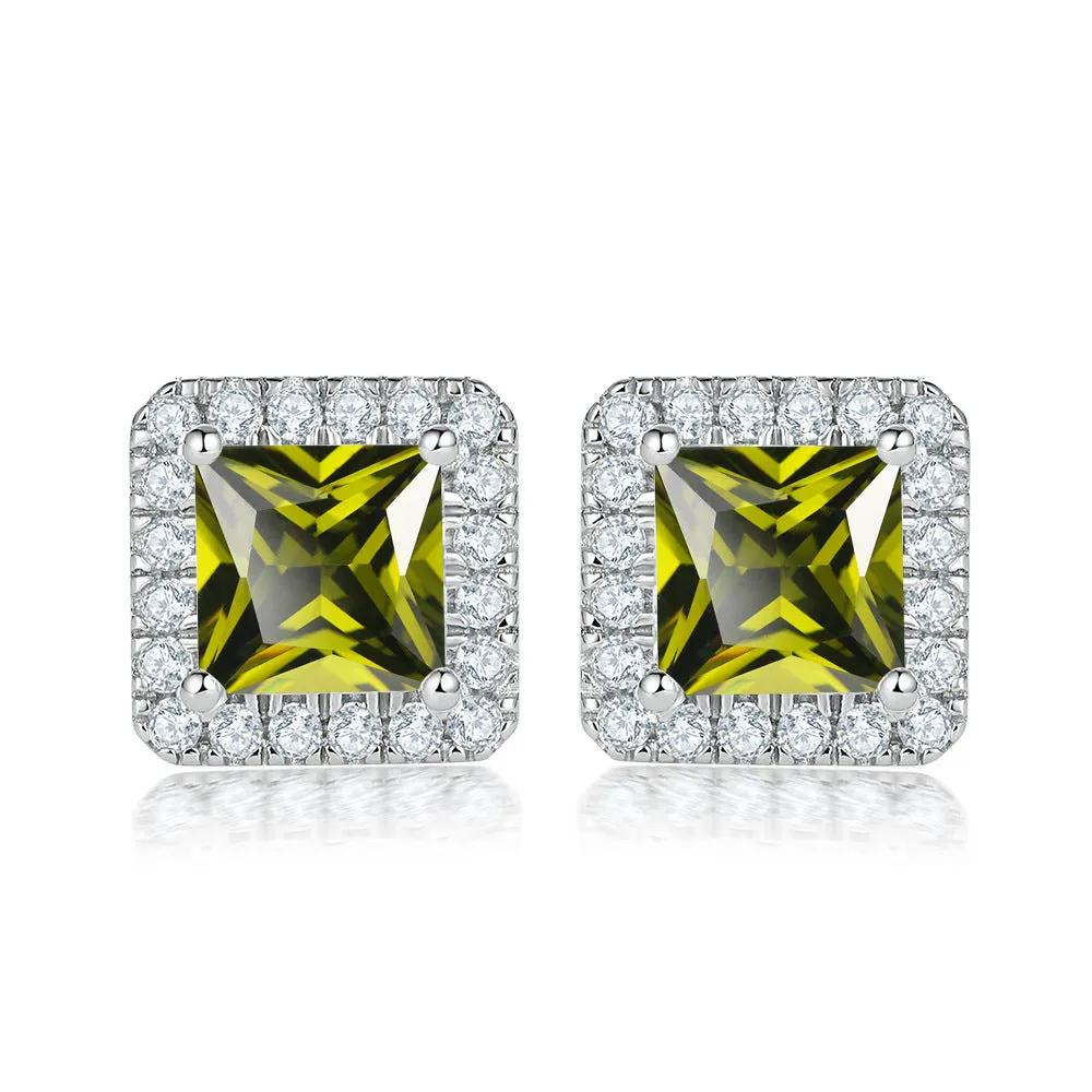 Princess Cut Zircon Soleste Halo Silver Studs Earrings for Women
