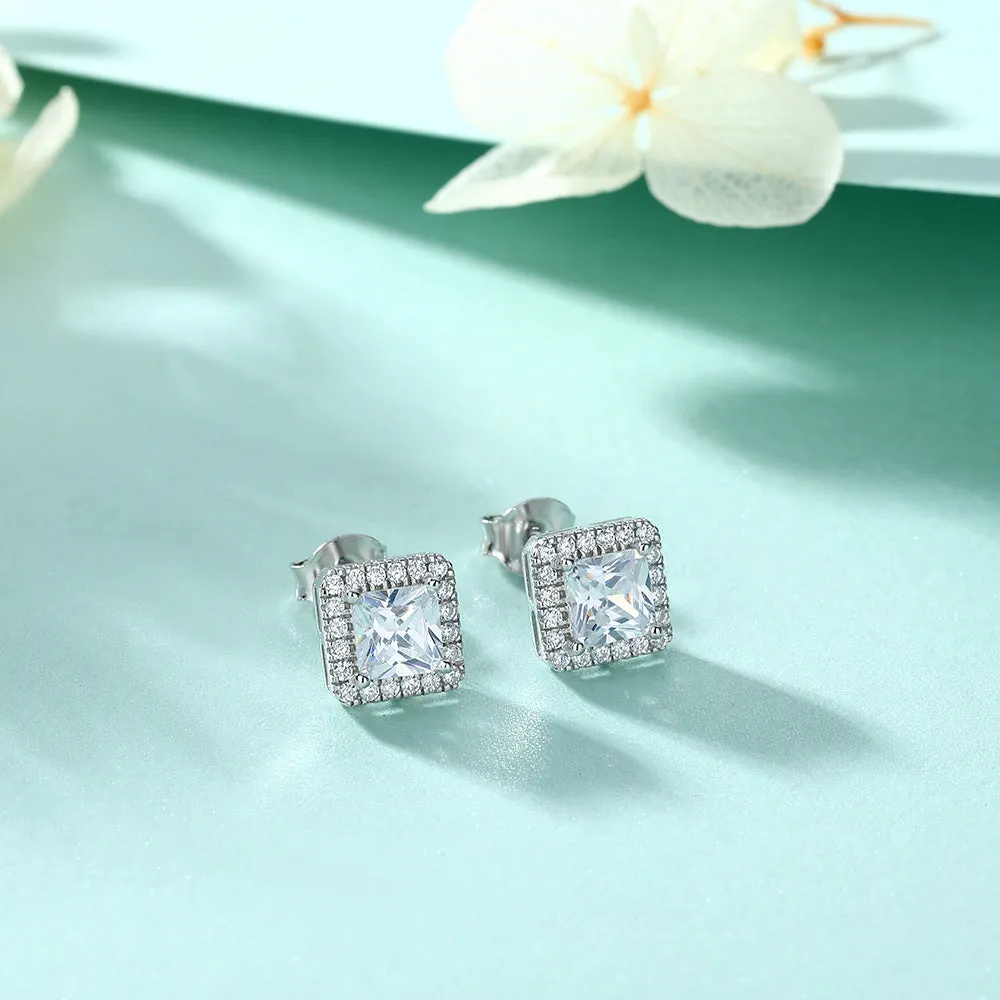 Princess Cut Zircon Soleste Halo Silver Studs Earrings for Women