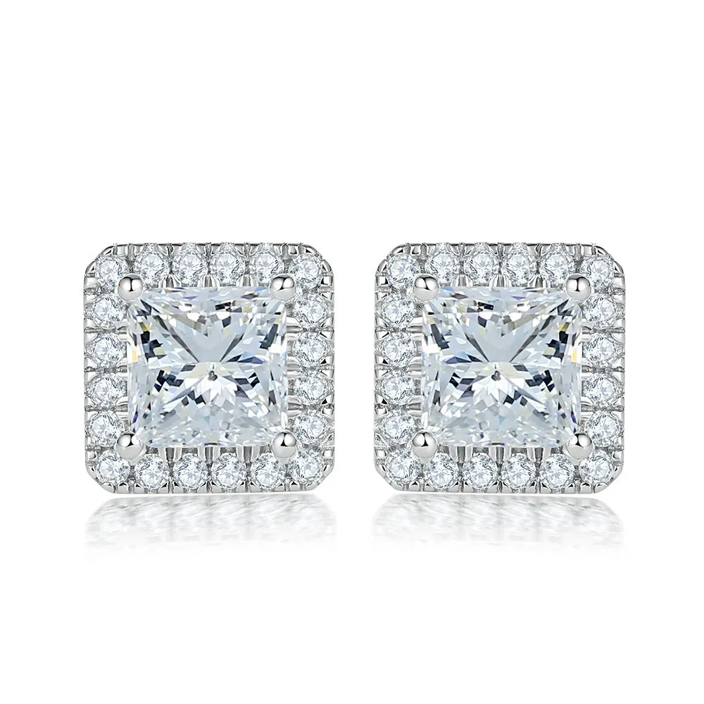 Princess Cut Zircon Soleste Halo Silver Studs Earrings for Women