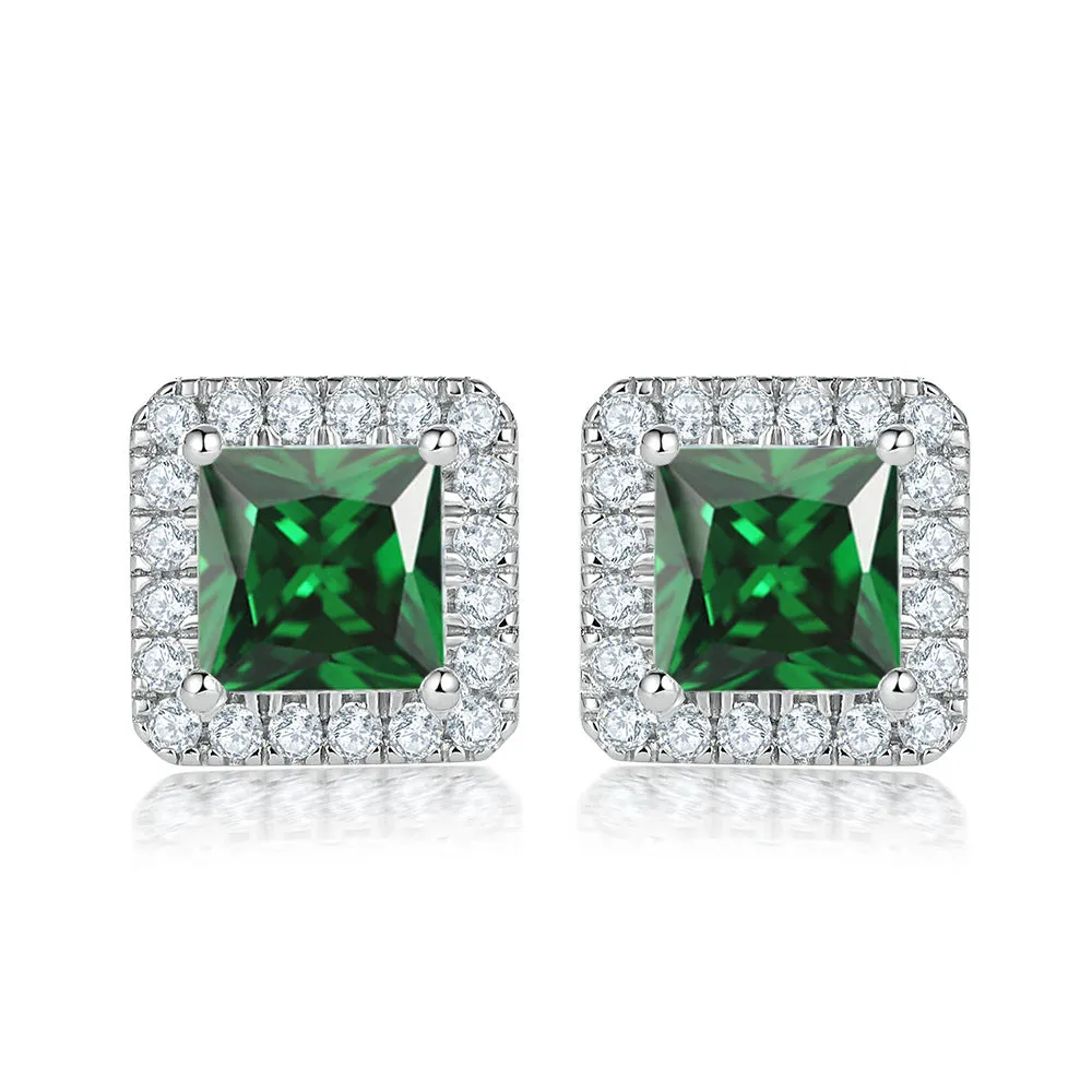 Princess Cut Zircon Soleste Halo Silver Studs Earrings for Women