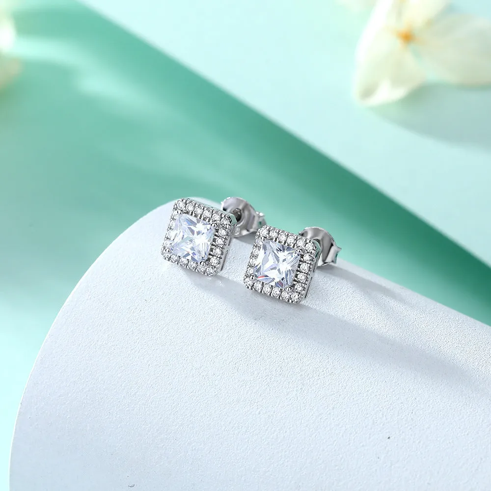 Princess Cut Zircon Soleste Halo Silver Studs Earrings for Women