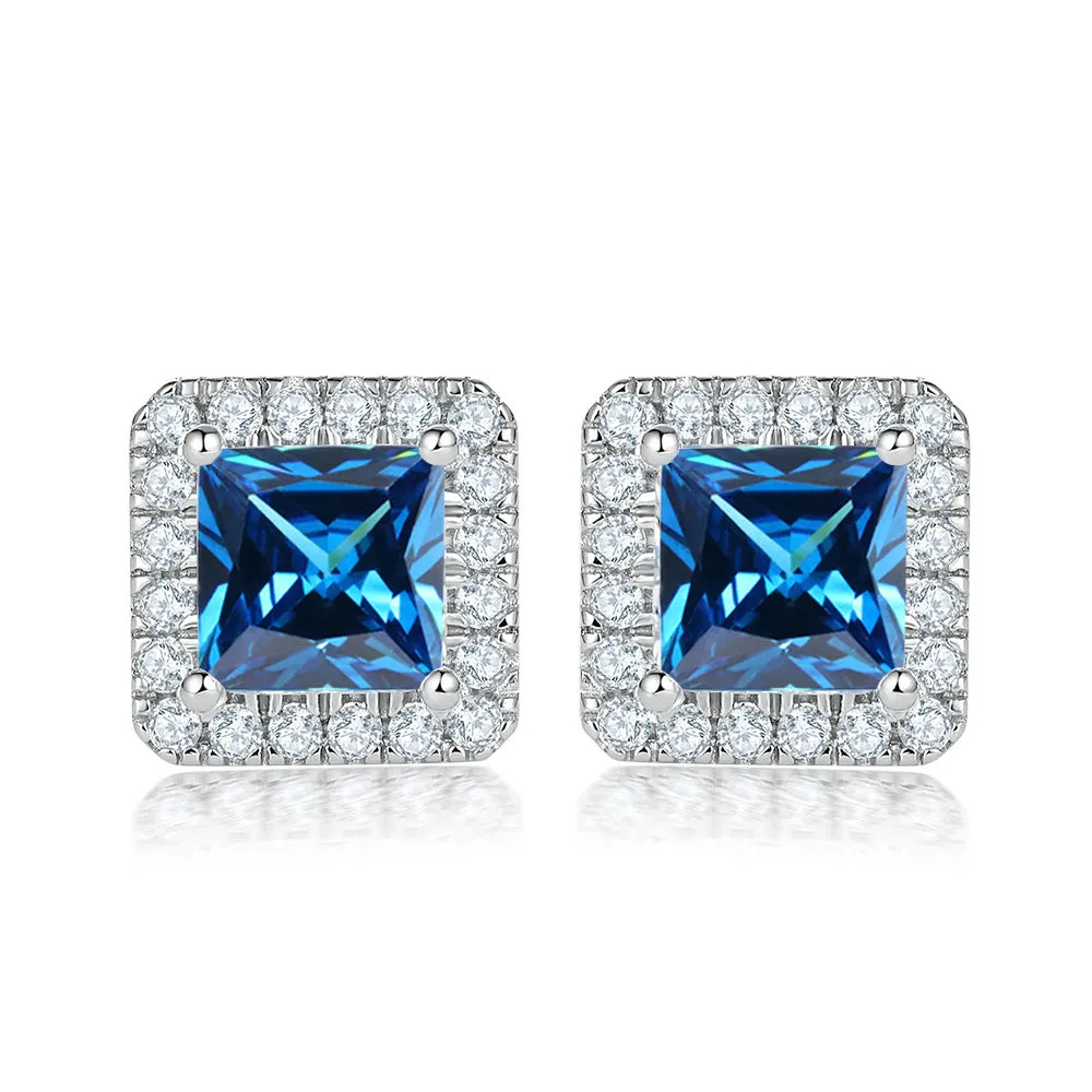Princess Cut Zircon Soleste Halo Silver Studs Earrings for Women