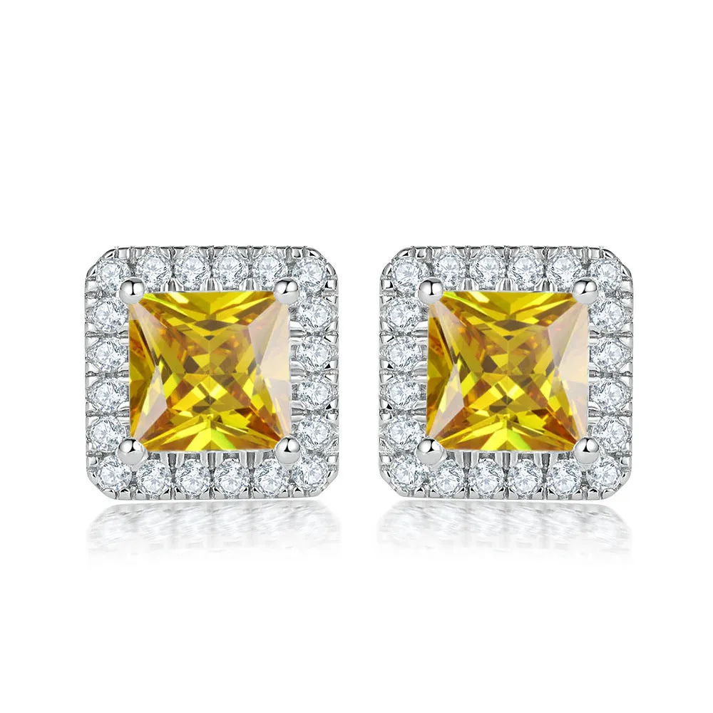 Princess Cut Zircon Soleste Halo Silver Studs Earrings for Women