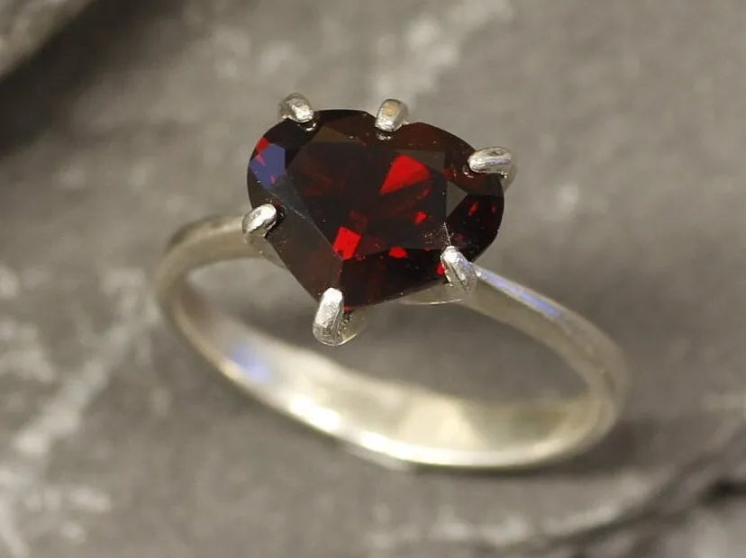 Red Heart Ring - Genuine Garnet Ring, Solitaire Heart Ring
