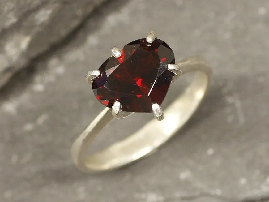 Red Heart Ring - Genuine Garnet Ring, Solitaire Heart Ring