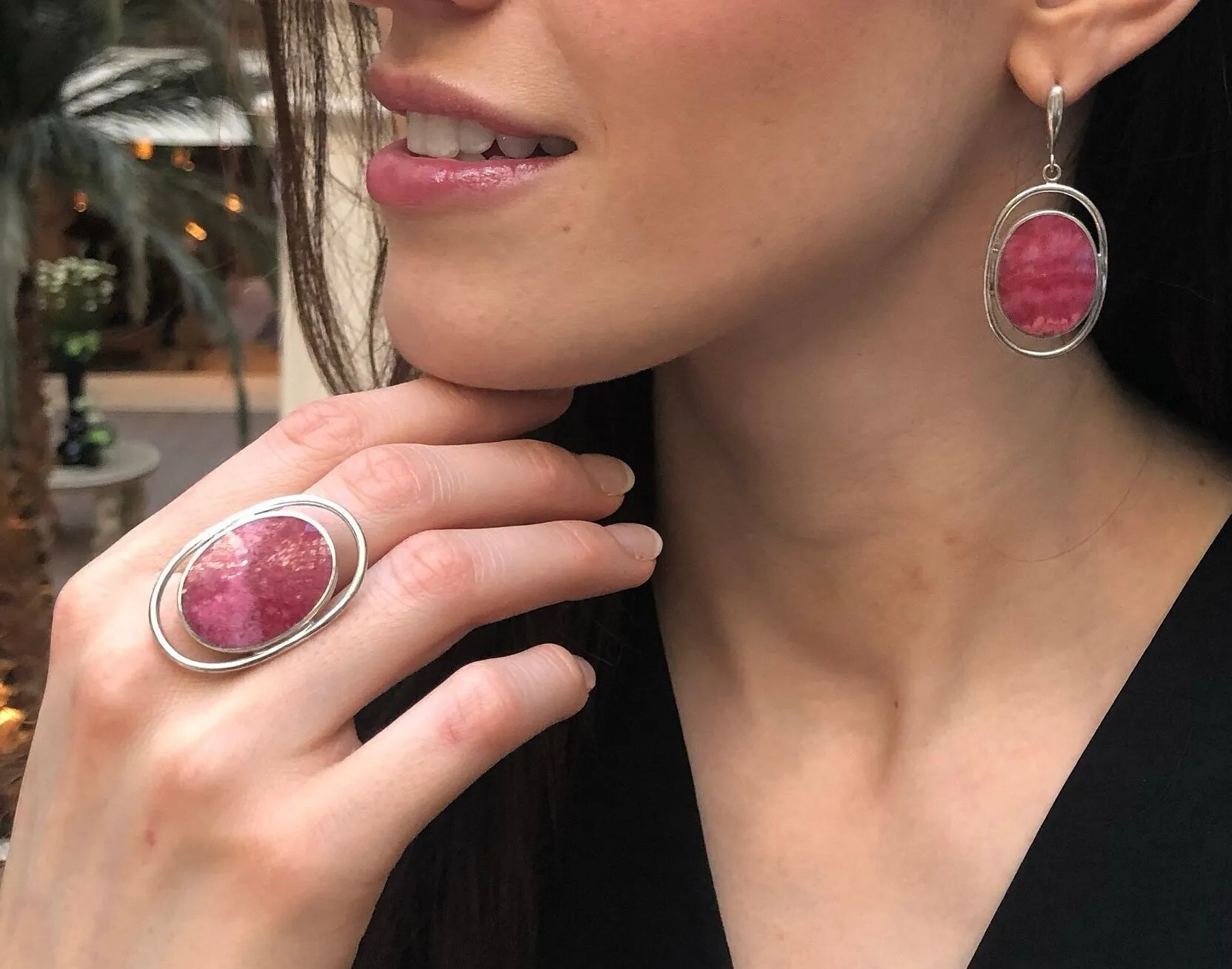 Rhodochrosite Ring - Large Pink Ring - Vintage Oval Ring