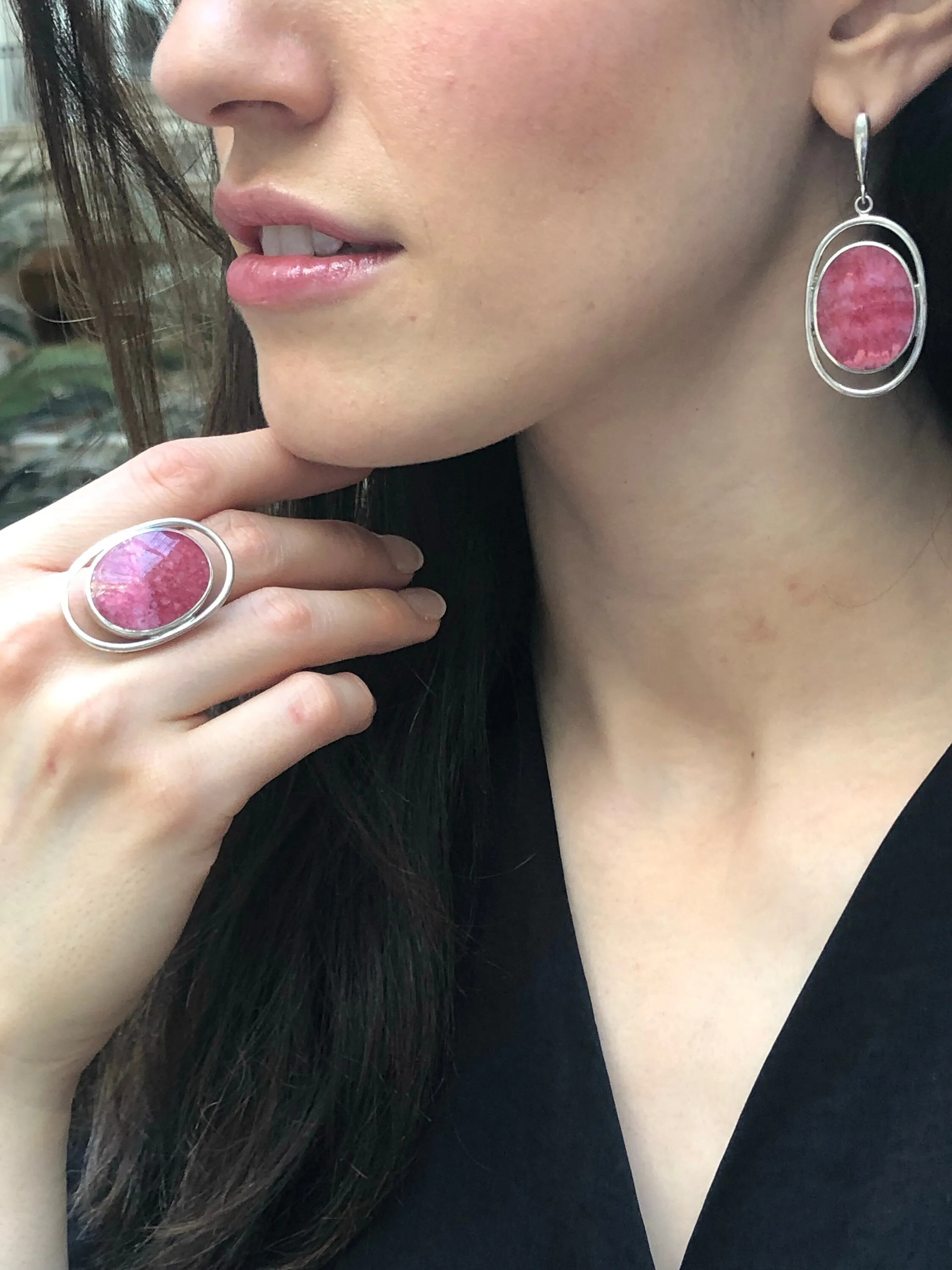Rhodochrosite Ring - Large Pink Ring - Vintage Oval Ring
