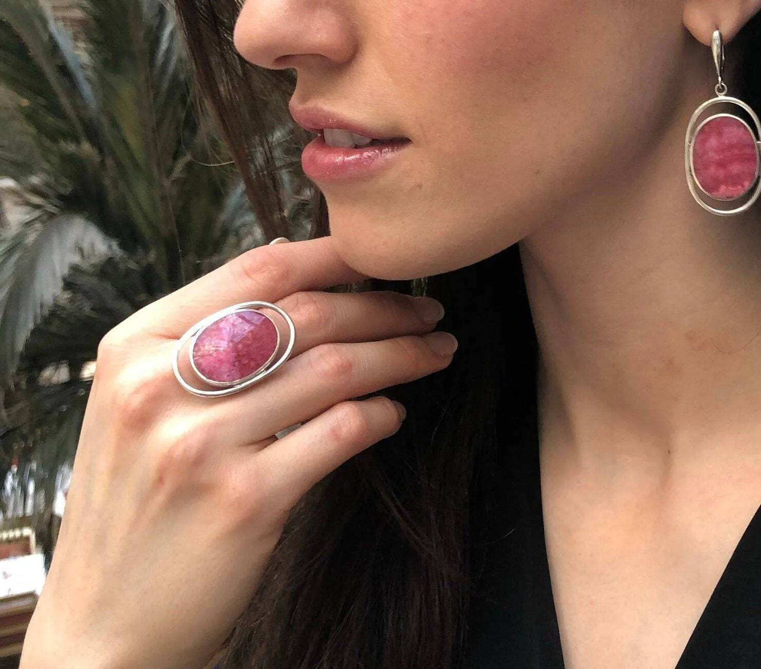 Rhodochrosite Ring - Large Pink Ring - Vintage Oval Ring