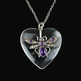 Rock Crystal Quartz Heart Amethyst Insect Pendant Necklace