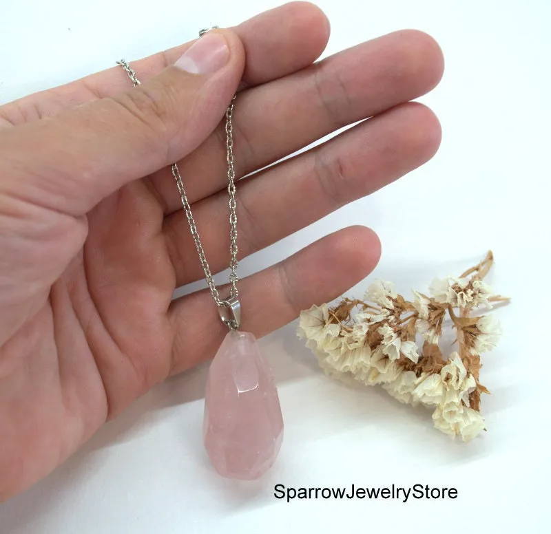 Rose quartz pendant necklace Pear teardrop rose quartz jewelry Large teardrop rose quartz pendant Summer jewelry Personalized gift for her