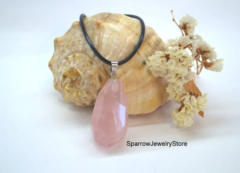 Rose quartz pendant necklace Pear teardrop rose quartz jewelry Large teardrop rose quartz pendant Summer jewelry Personalized gift for her