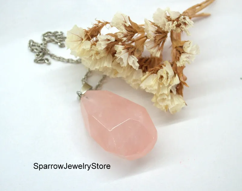 Rose quartz pendant necklace Pear teardrop rose quartz jewelry Large teardrop rose quartz pendant Summer jewelry Personalized gift for her