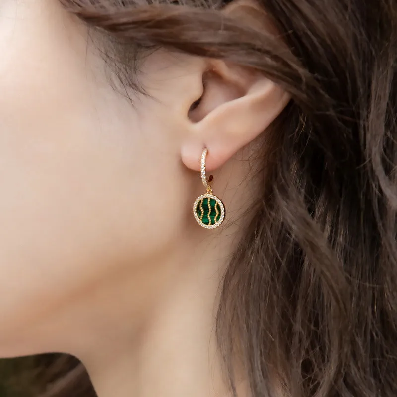 Round Malachite Watermelon Pendant C Shape Zircon Sterling Silver Earrings